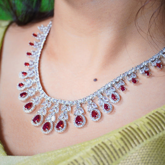 Crimson Elegance Red Teardrop AD Necklace Set