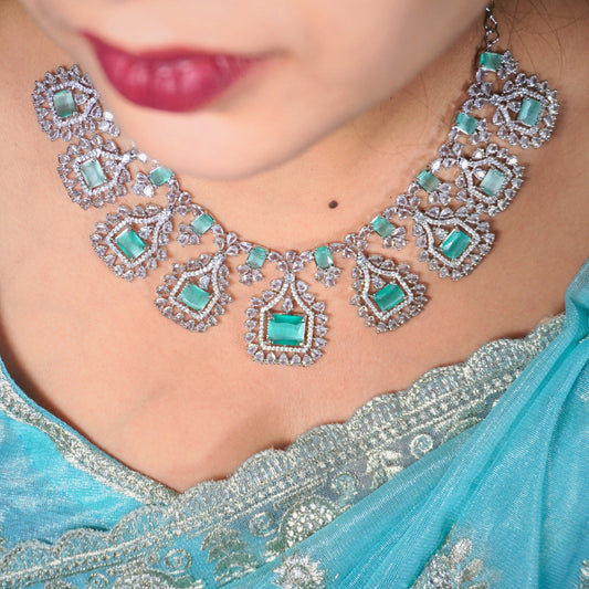 Midnight Bloom Blue American Diamond Necklace Set