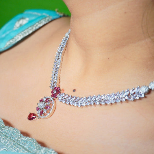 Red Sapphire Spark Crystal AD Necklace Set