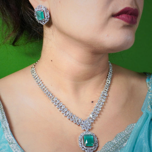 Regal Touch Green Stone Necklace Diamond Set